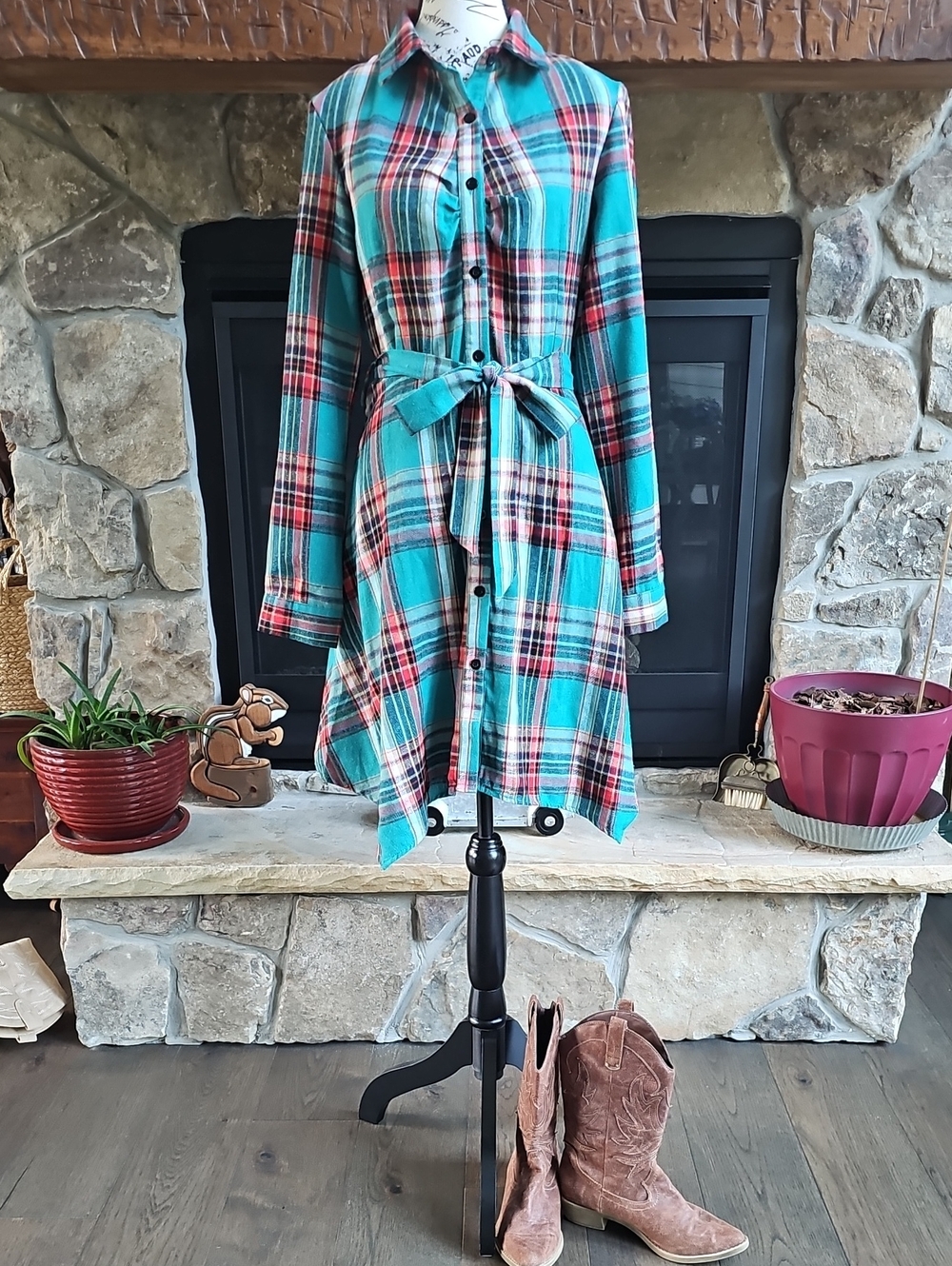 Teal Red Plaid Belted Shirt Dress Long Sleeve Button Front SHEIN Size Medium/6